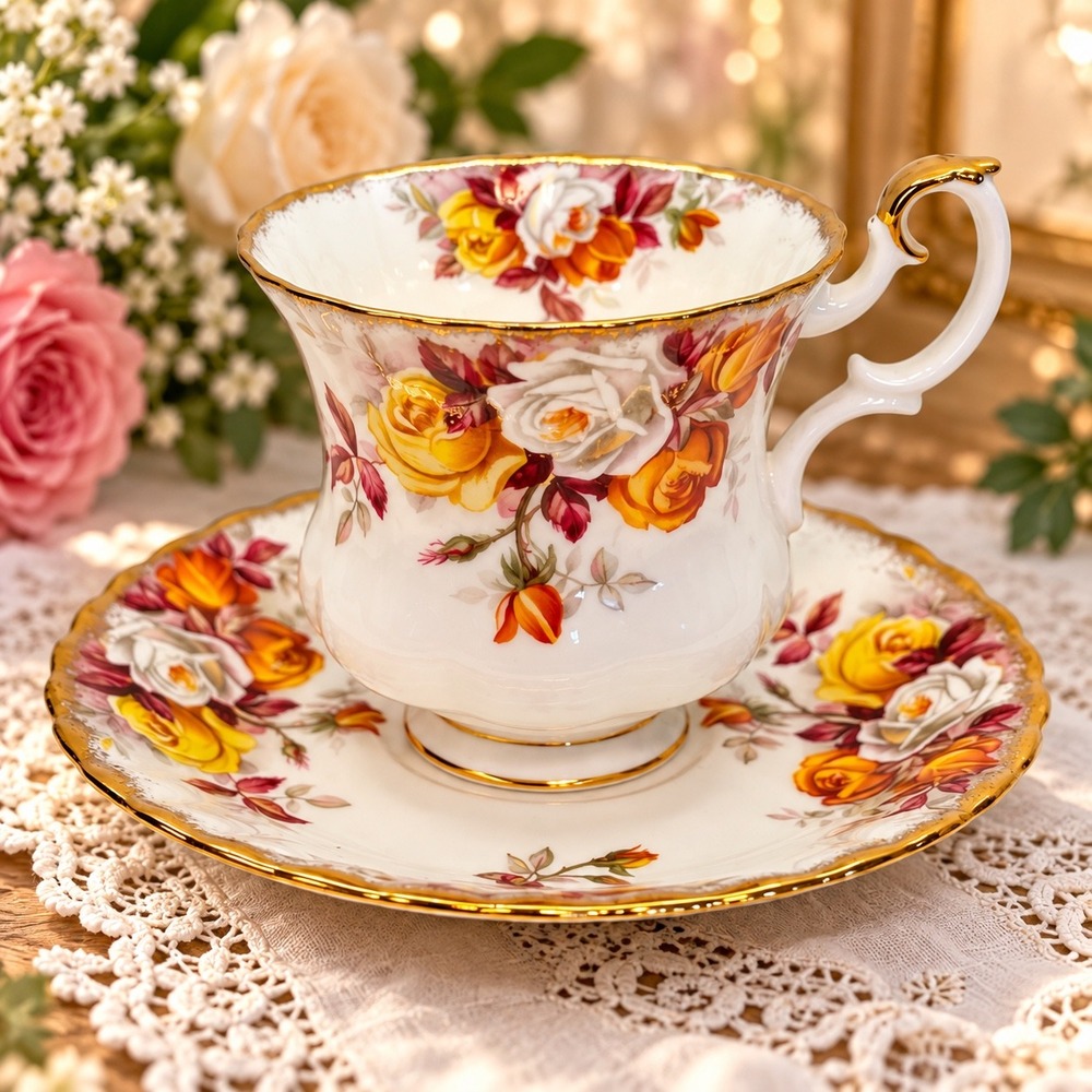 Royal Albert Lenora Teacup and Saucer Set Bone China England Yellow Orange Roses